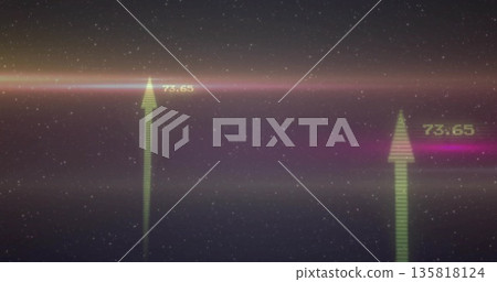 Displaying two neon green upward arrows rising over star field, with colorful streaks, labels 73 135818124