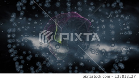 Displaying mesh sphere rotating in digital network, with floating social and media icons 135818127