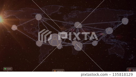 Connecting large circular node linking user-icon nodes over dotted map with lens flare, copy space Connecting large circular node linking user-icon nodes over dotted map with lens flare, copy space 135818129