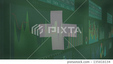 Displaying semi-transparent Swiss cross overlaying analytics dashboard, with charts, numeric ticker 135818134