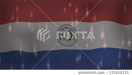 Displaying Paraguayan flag with coat of arms emblem across digital graphic, streaming binary code Displaying Paraguayan flag with coat of arms emblem across digital graphic, streaming binary code 135818135