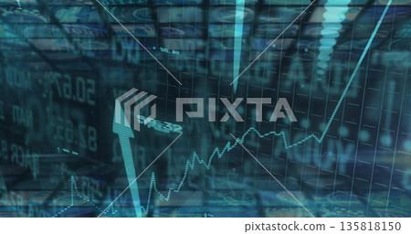 Showing trading dashboard scrolling data, jagged graph, up arrow, ticker symbols and currency icons Showing trading dashboard scrolling data, jagged graph, up arrow, ticker symbols and currency icons 135818150