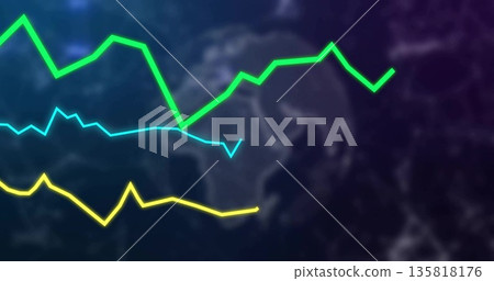 Three jagged green, cyan and yellow line graphs running across dark world map silhouette, dashboard Three jagged green, cyan and yellow line graphs running across dark world map silhouette, dashboard 135818176