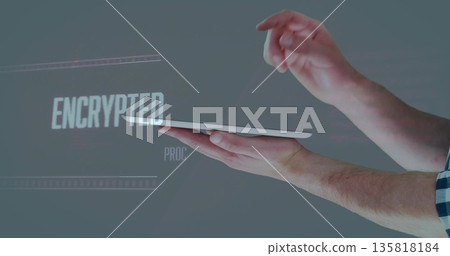 Hovering forearms tapping floating tablet in gray studio, showing ENCRYPTED label with faint lines 135818184