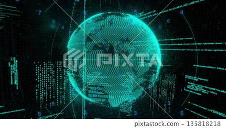 Holographic globe rotating in virtual grid space, with floating code fragments and numeric overlays 135818218
