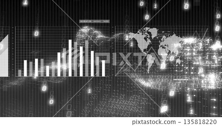 Displaying dashboard on screen with bar chart, timecode stamp and world map grid overlay 135818220