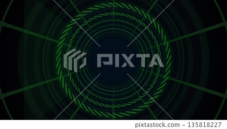 Looping green circular tunnel pattern forming infinite perspective in virtual environment, depth 135818227