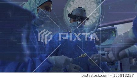 Performing lead surgeon wearing scrubs making incision in hospital operating room, with forceps Performing lead surgeon wearing scrubs making incision in hospital operating room, with forceps 135818237