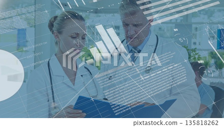 Doctors reviewing blue patient folder and digital charts in clinic, with stethoscopes Doctors reviewing blue patient folder and digital charts in clinic, with stethoscopes 135818262