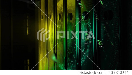 Illuminating server cabinets glowing in data center aisle, with holographic icons, particle streams 135818265
