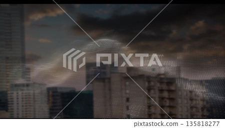 Floating semi-transparent data wave above dusk skyline in cloudy sky, with high-rise buildings Floating semi-transparent data wave above dusk skyline in cloudy sky, with high-rise buildings 135818277