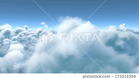 Floating camera capturing expanse of billowing cumulus clouds in open sky, aerial perspective Floating camera capturing expanse of billowing cumulus clouds in open sky, aerial perspective 135818309