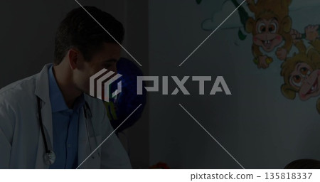 Listening physician leaning toward girl in clinic, with stethoscope, balloon and monkey decals Listening physician leaning toward girl in clinic, with stethoscope, balloon and monkey decals 135818337