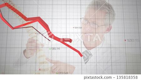 Business professional holding and pointing at spinal model before chart in presentation, copy space Business professional holding and pointing at spinal model before chart in presentation, copy space 135818358