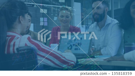 Business casual team analyzing financial charts in conference room, with laptop, coffee Business casual team analyzing financial charts in conference room, with laptop, coffee 135818359