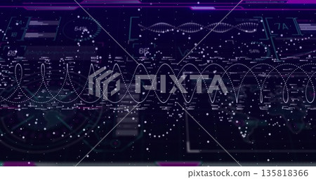 Displaying central dotted waveform on holographic dashboard, with gauge, bar charts, numeric labels 135818366