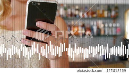 Holding smartphone near chest-high crochet top woman at bar with audio waveform overlay, copy space 135818369