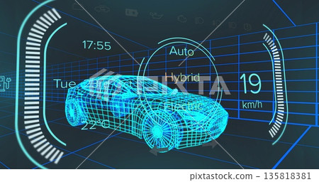 Displaying neon blue 3D wireframe car in grid UI, with gauge bars, drive-mode selector and readouts 135818381