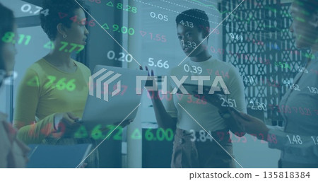 Discussing four women analyzing floating financial data overlay in office area, with laptops tablet Discussing four women analyzing floating financial data overlay in office area, with laptops tablet 135818384