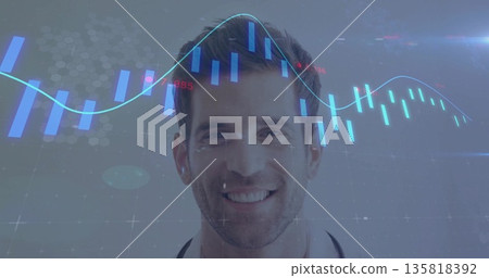 Smiling doctor wearing lab coat and stethoscope in studio with candlestick bars and line graph Smiling doctor wearing lab coat and stethoscope in studio with candlestick bars and line graph 135818392