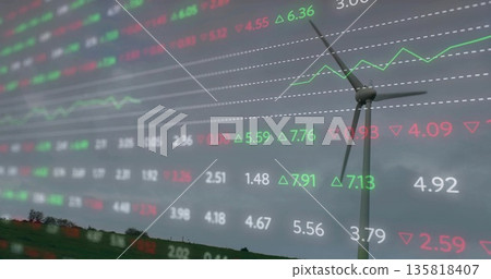 Spinning wind turbine blades on grassy plain, with market data overlay, copy space Spinning wind turbine blades on grassy plain, with market data overlay, copy space 135818407