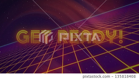 Floating golden GET READY! text hovering above neon wireframe grid, with cyan horizon line 135818408