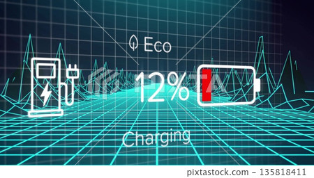 Displaying eco-charging graphic hovering over wireframe grid, with plug icon and 12% battery icon Displaying eco-charging graphic hovering over wireframe grid, with plug icon and 12% battery icon 135818411