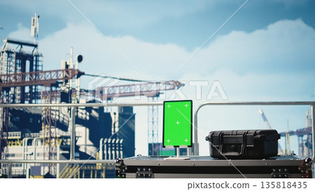 Vertical green screen tablet on offshore platform with software used to monitor equipment. Chroma key mockup device on drilling rig deck used to control offshore machinery and calibrate infrastructure Vertical green screen tablet on offshore platform with software used to monitor equipment. Chroma key mockup device on drilling rig deck used to control offshore machinery and calibrate infrastructure 135818435