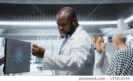 Black medic using artificial intelligence to observe effect during new drug test, collecting pharmacology data with neural networks system. Biomedicine discovery and innovation. Camera B. 135818544