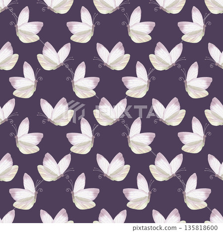 Seamless pattern of butterflies on a dark violet background. Handmade watercolor illustration. For packaging design, cards, cover, wallpaper, prints, product labels and fabric. 135818600