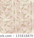 Tropical greenery pink flower seamless watercolor pattern over green stripe textured background. Gentle exotic branches hand drawn for fabric and bedding textile design. Pastel foliage print. 135818870