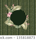 Watercolor tropical palm leaf arrangement with a pink hibiscus flower on a dark green striped background. Botanical frame hand painted for postcard, packaging. Exotic foliage wreath with empty space. 135818873