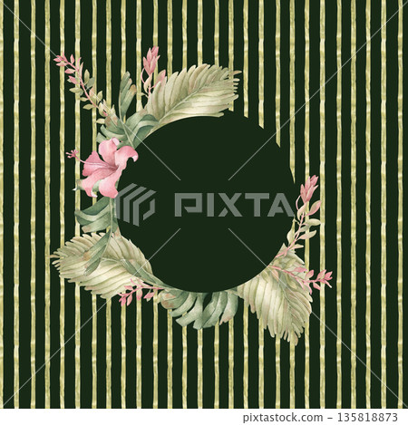 Watercolor tropical palm leaf arrangement with a pink hibiscus flower on a dark green striped background. Botanical frame hand painted for postcard, packaging. Exotic foliage wreath with empty space. Watercolor tropical palm leaf arrangement with a pink hibiscus flower on a dark green striped background. Botanical frame hand painted for postcard, packaging. Exotic foliage wreath with empty space. 135818873