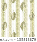 Tropical leaf watercolor pattern on green stripes hand painted isolated white. Soft color seamless minimalist botanical design for textile. Summer repeat with palm leaves on line art background. 135818879