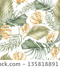 Tropical foliage and yellow flowers seamless watercolor pattern isolated white. Exotic green leaves and ylang ylang bloom repeat print. Botanical motif for beach summer design. Palm leaves hand drawn. 135818891