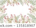 Watercolor border of green tropical branches and pink leaves isolated on white. Exotic foliage frame neutral colors for greeting card design. Neutral botanical drawing palm fronds for packaging. 135818907