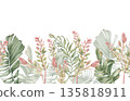 Watercolor seamless border with palm plants and pink foliage isolated on white. Horizontal line of leaves for card design or fabric print. Tropical greenery repeat hand drawn. Gentle botany banner. 135818911