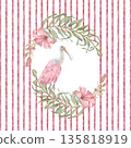 Pink bird with tropical leaves and flowers in watercolor frame on stripe background isolated white. Spoonbill hand drawn for greeting card. Palm fronds wreath on lined backdrop for modern postcards. 135818919