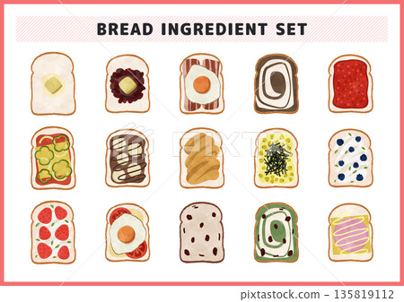 Breakfast toast, fruit, vegetables, egg on bread icon, cafe menu and recipe material 135819112