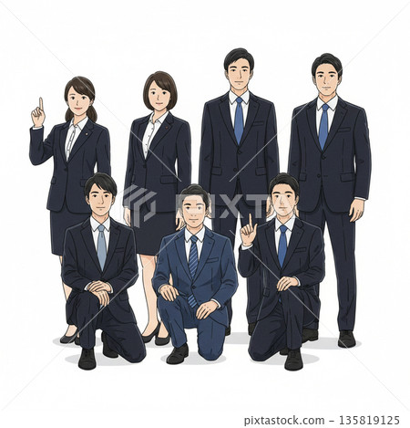 插圖描繪了一位年輕的上班族正在拍攝紀念照。 135819125