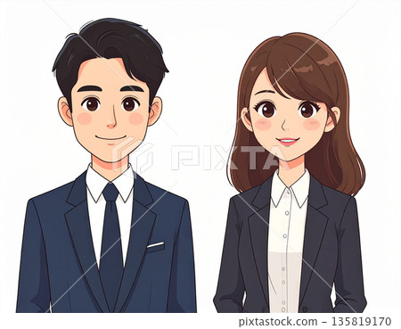 Illustration of a Japanese businessman and businesswoman | Flat design, web-based, AI-generated image 135819170
