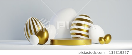 Round golden stage and Easter eggs on white Round golden stage and Easter eggs on white 135819257