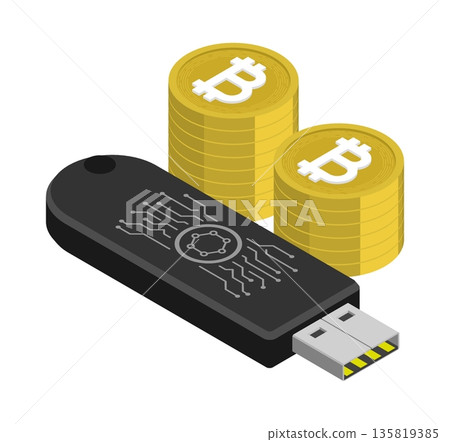 Isometric cryptographic wallet for storing cryptocurrencies in form of a password protected USB flash drive. Isolated cartoon vector set on white background top view 135819385