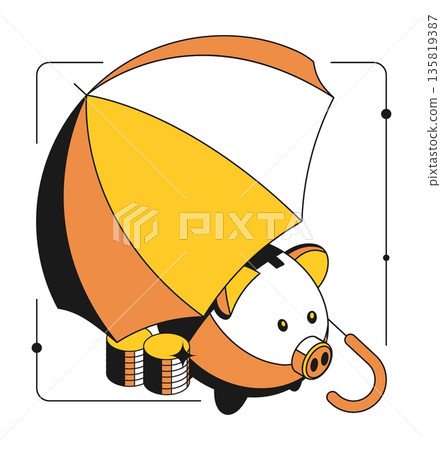 Isometric piggy bank with money protected from the financial crisis under an umbrella. Contrast design with thin outline 3D vector isolated on white background 135819387