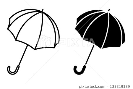 Linear icon. Folding umbrella for shelter from rain and bad weather. Simple black and white vector isolated on white background 135819389