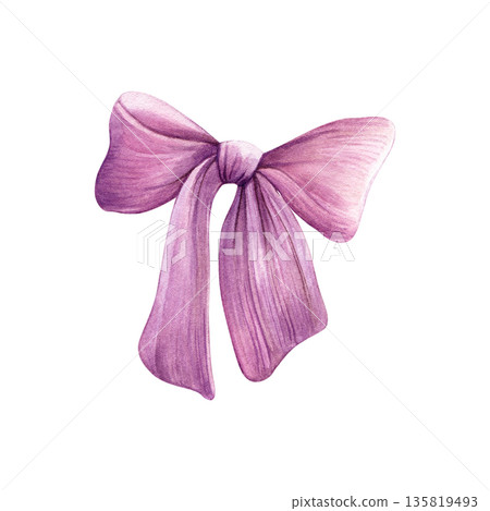 Watercolor illustration of a purple ribbon bow in soft hand-painted style, ideal for invitations, gift tags, packaging, branding, stickers and decor 135819493
