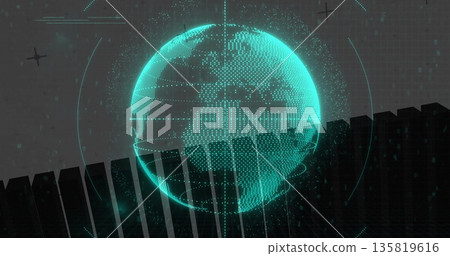 Displaying teal dotted mesh globe hovering in virtual data space, with UI arcs and black bars 135819616