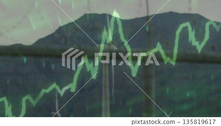 Displaying green chart tracking turbine output over wind farm ridge, with grid markings data labels Displaying green chart tracking turbine output over wind farm ridge, with grid markings data labels 135819617