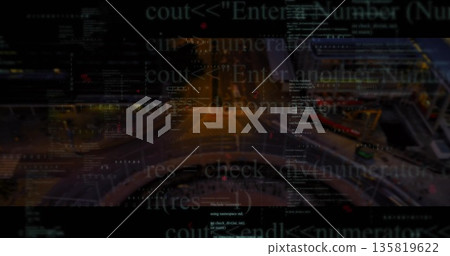 Floating C++ code snippets overlaying nighttime highway ramps, with light trails and city lights 135819622