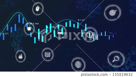 Displaying candlestick graph in dashboard with circular education and research icons, copy space Displaying candlestick graph in dashboard with circular education and research icons, copy space 135819632